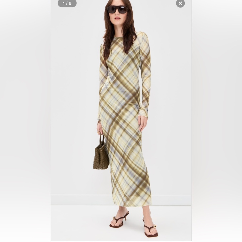 NWT Reformation Rene Mesh Knit Dress Women’s Brown Plaid Long Sleeve Maxi Dress
